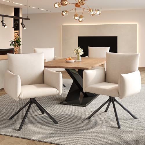 YuQozii Esszimmerstühle, Gepolsterter Sessel mit 4 Metallbeinen, 360°Lässiger Drehstuhl, Wohnzimmer Schlafzimmerstuhl, Arbeits- und Schreibtischstuhl, Lordosenstütze, Samt (2, Beige) von YuQozii