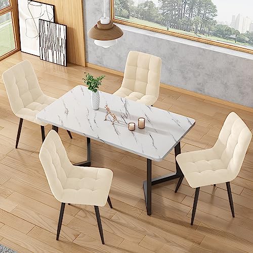YuQozii Esszimmerstühle (4er-Set), 4 gepolsterte Design-Stühle mit Rückenlehne, Sitzfläche aus Samt, Metallgestell (Beige) von YuQozii
