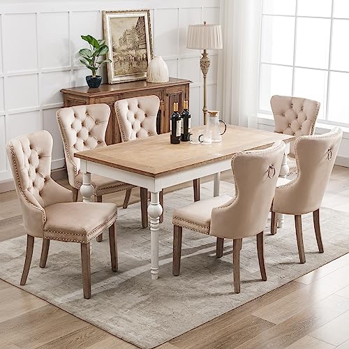 YuQozii Esszimmerstuhl (Küche, Wohnzimmer, Stuhllehne mit einzigartigem Türklopfer), Polsterstuhl mit Nagelkopfverzierung, Beine aus Massivholz, Samtbezug (6, Beige) von YuQozii