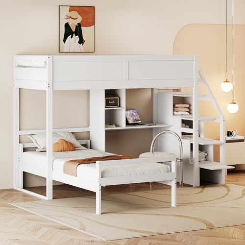 YuQozii Etagenbett 90 * 200cm, Sicherheitstreppe mit verstecktem Staufach, Schreibtisch-Staufach, Zwei-in-Eins-Hochzaun-Design, Jugendbett, Lattenrost, Kiefernbett (Weiß) von YuQozii