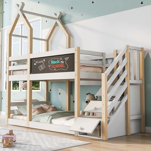 YuQozii Etagenbett 90×200, Kinderbett Baumhaus Design inkl.Tafel, mit Speicherung und Rausfallschutz, Hochbett für Kinder– 2X Lattenrost- Natur & Weiß(Ohne Matratze) von YuQozii