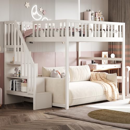 YuQozii Etagenbett für Kinder 140 * 200 mit Treppe,Hochbett aus Massivholz mit Sicherheitsgeländer, Stern- und Monddekoration.Weiß von YuQozii