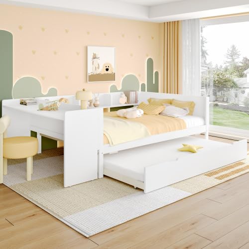YuQozii Flachbett, Holzbett, 140x200cm, mit Schreibtisch, mit Rollbett, Doppelbett (Ohne Matratze), mit Regalen, Kiefer+Spanplatte (Weiß) von YuQozii