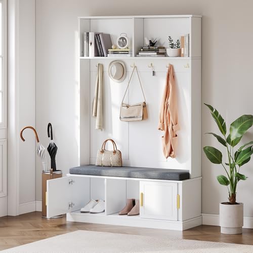 YuQozii Garderobenständer mit Schuhbank, Garderobe, 6 Dreifach-Haken,freistehend, platzsparend, für Eingangsbereich,Flur, Weiß, 120×40×191cm YuQozii Garderobenständer mit Schuhbank, Garderobe, 6 Dreifach-Haken,freistehend, platzsparend, für Eingangsbereich,Flur, Weiß, 120×40×191cm von YuQozii
