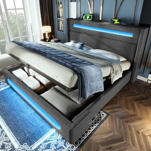 YuQozii Gepolstertes Doppelbett mit Stimmungsbeleuchtung, mit hydraulischem Stauraum und USB Type-C-Ladefunktion, Metallbettrahmen mit Holzlatten, Bettwäsche, mit Matratze (Grau, 140 * 200cm) von YuQozii