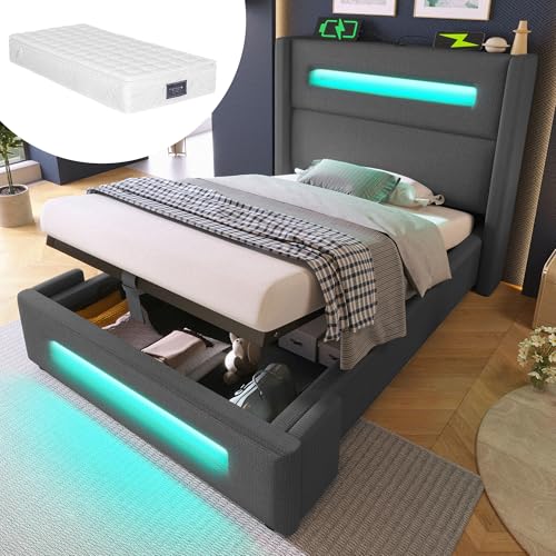 YuQozii Gepolstertes Einzelbett 90x200 cm mit Stimmungsbeleuchtung, mit hydraulischem Stauraum und USB Type-C Aufladung, Metallbettrahmen mit Holzlatten, Leinen, mit Matratze. (Grau) von YuQozii