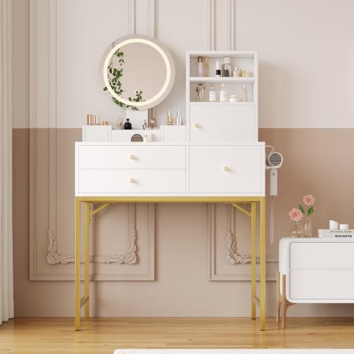 YuQozii Großer Schminktisch mit dimmbarer Stimmungsbeleuchtung (3 Farbtemperaturen), 3 Schubladen und 1 Tür, 1 Spiegel, Visualisierung der Tischablage, weiß, Maße: 80 × 134 × 40 cm von YuQozii
