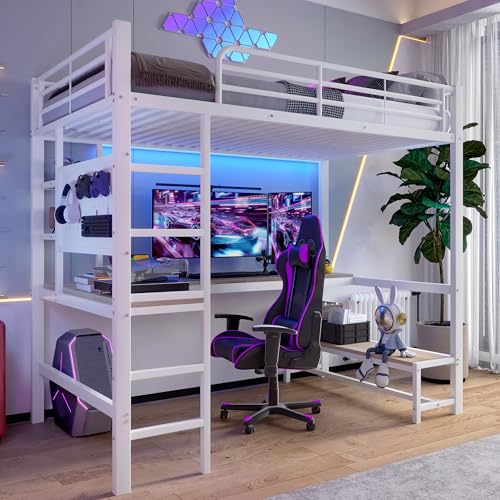 YuQozii Hochbett,90x200cm, Eisenrahmen, Schreibtisch, Geländer, Leiter, mehrstufige Regale, mit USB + Typ-C-Anschlüssen, mit Stimmungslichtleiste, mit Stecktafel, ohne Matratze (Weiß) von YuQozii