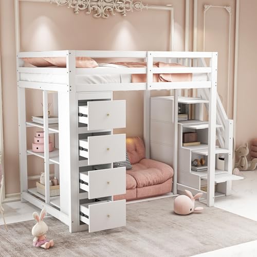YuQozii Hochbett 140 * 200cm mit Aufbewahrungsschublade Kommode mit Regalen, Sicherheits-Kletterleiter mit Aufbewahrungsschubladen, Multifunktionales Massivholzbett, Kinderbett Jugendbett (Weiß) von YuQozii