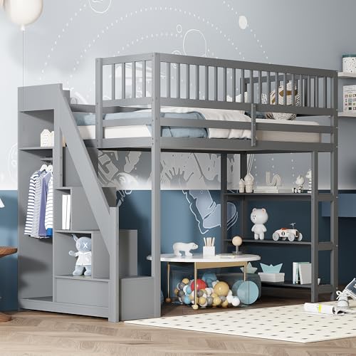 YuQozii Hochbett 90 x 200, Hochschrank-Sicherheitsdesign mit Kleiderschrank, Regalen und Stauraum mit Sicherheitskletterleiter, multifunktionales Holzbett, Kinderbett, Einzelbett (Grau) von YuQozii
