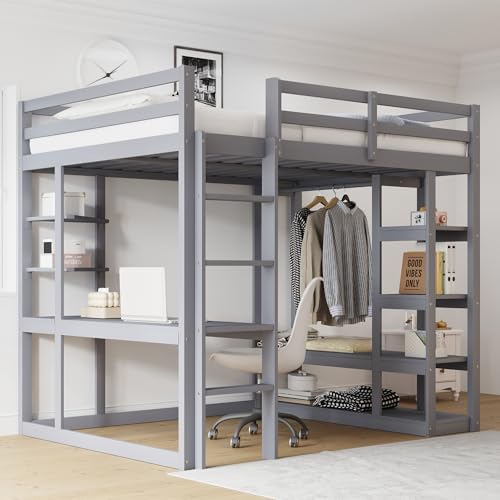 YuQozii Hochbett mit Leiter Massivholz 140 * 200 cm, Mit Tisch und Regalen, Mit Einfachen Aufhängungen und Ablage Laminat, Kinderbetten Jugendbetten, Doppelbetten (Grau) von YuQozii