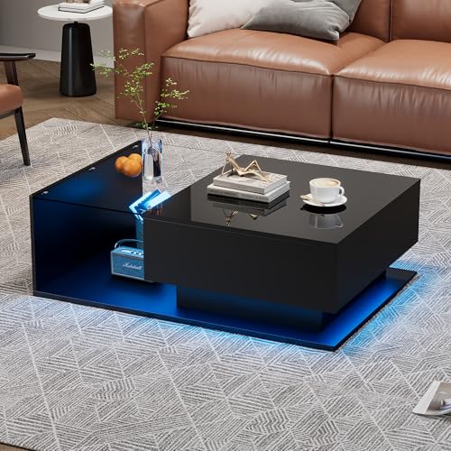 YuQozii Hochglanz Couchtisch 100x50x32 cm - mit Glasplatte und Schublade, Kratzfest, mit 1 Schublade, mit Stimmungsbeleuchtung, moderner Stil (Schwarz) von YuQozii
