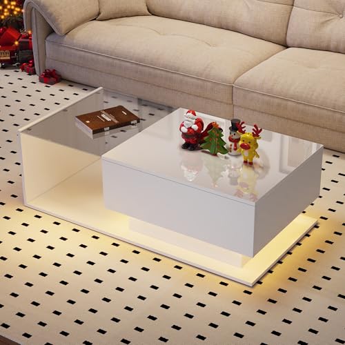 YuQozii Hochglanz Couchtisch 100x50x32 cm - mit Glasplatte und Schublade, Kratzfest, mit 1 Schublade, mit Stimmungsbeleuchtung, moderner Stil (Weiß) von YuQozii