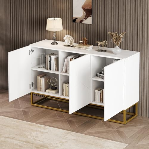 YuQozii Hochglanz Sideboard, Modernes Anrichte Schrank Buffetschrank Sideboard mit 4 Fächern,Breite 130 cm,Weiß von YuQozii