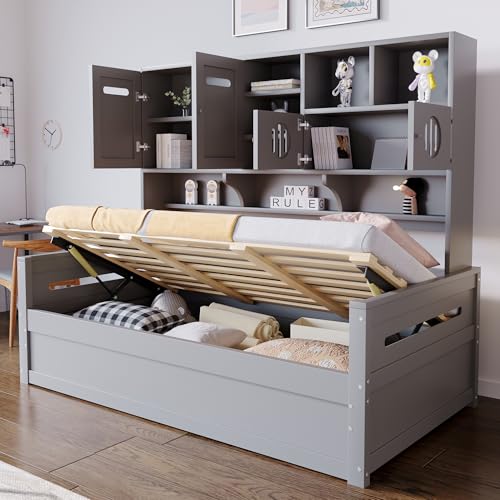 YuQozii Holz-Schlafsofa 90 x 200 cm, multifunktionaler Stauraum, hydraulisches Bett, Einzelbett, Jugendbett, Bettgestell,Matratze Nicht im Lieferumfang enthalten (Grau) von YuQozii