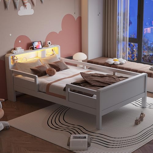 YuQozii Holzbett 90x200 cm, USB und Typ-C Kombisteckdose, kleines Stimmungslicht, Kopfteil mit Stauraum, Kinderbett, Einzelbett, Multifunktionsbett, Kiefer (Weiß) von YuQozii