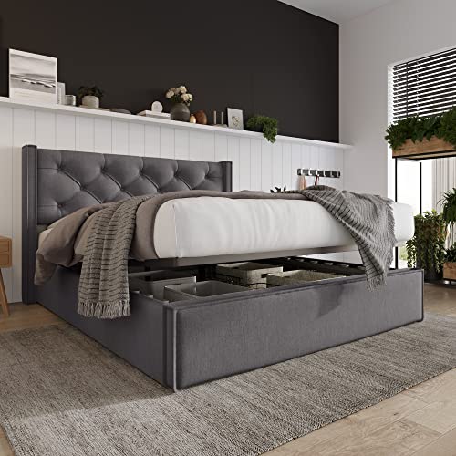 YuQozii Hydraulisch Doppelbett Polsterbett 140x200cm,Bett mit Lattenrost aus Metallrahmen, Modernes Bettgestell mit Stauraum, Baumwolle, Mit Matratze (Grau) von YuQozii