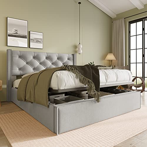 YuQozii Hydraulisch Doppelbett Polsterbett 160x200cm,Bett mit Lattenrost aus Metallrahmen, Modernes Bettgestell mit Stauraum, Baumwolle, Mit Matratze (HellGrau) von YuQozii
