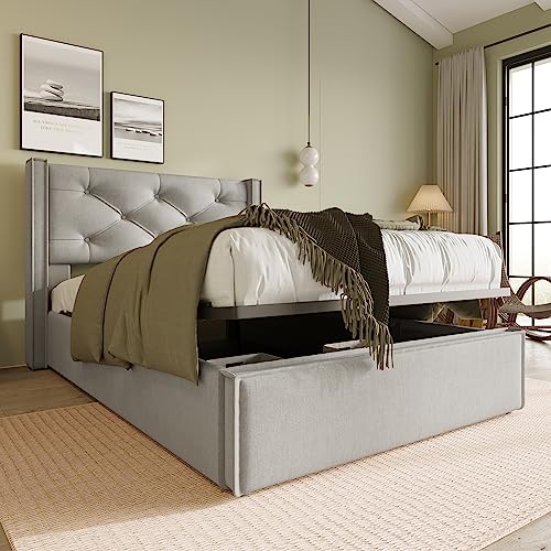 YuQozii Hydraulisch Einzelbett Polsterbett 90x200cm,Bett mit Lattenrost aus Metallrahmen, Modernes Bettgestell mit Stauraum, Baumwolle, Mit Matratze (HellGrau) von YuQozii