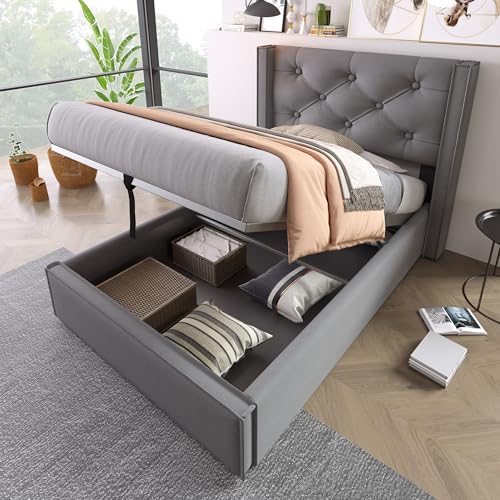 YuQozii Hydraulisch Einzelbett Polsterbett 90x200cm,Bett mit Lattenrost aus Metallrahmen, Modernes Bettgestell mit Stauraum, Baumwolle (Grau) von YuQozii