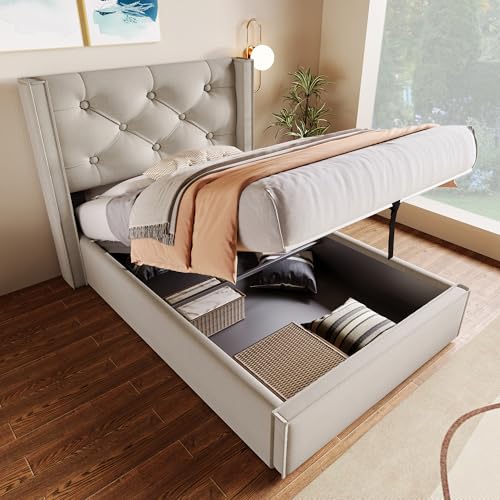 YuQozii Hydraulisch Einzelbett Polsterbett 90x200cm,Bett mit Lattenrost aus Metallrahmen, Modernes Bettgestell mit Stauraum, Baumwolle (HellGrau) von YuQozii