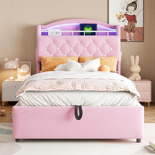 YuQozii Kinder Polsterbett 90x200, Samt Einzelbett Multifunktionsbett mit Stauraum mit LED und USB (Rosa) von YuQozii