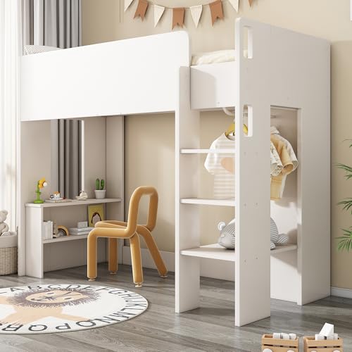YuQozii Kinderbett, Hochbett Einzelbett 90 x 200 cm, Vielseitiges 3-in-1 Holzbett- Mit Aufbewahrungsfächern, Kleiderschrank, offenen Regaleinheiten und Treppe, Weiß von YuQozii