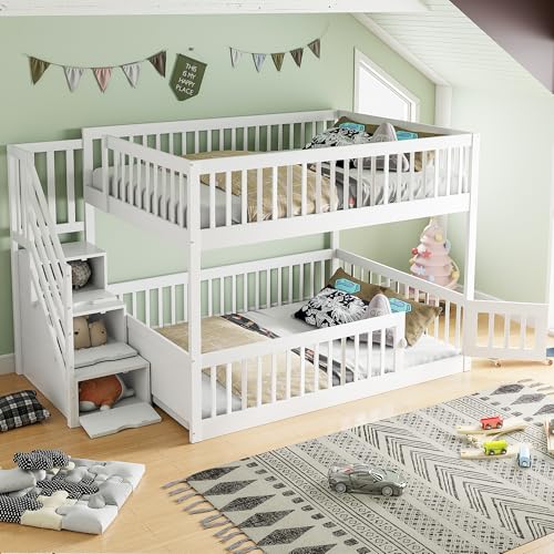 YuQozii Kinderbett Etagenbett 140 x200 mit Sicherheitstreppe und Schubladen, weißes Holzeinzelbett mit Stauraumbett für Kinder, Jugendliche von YuQozii