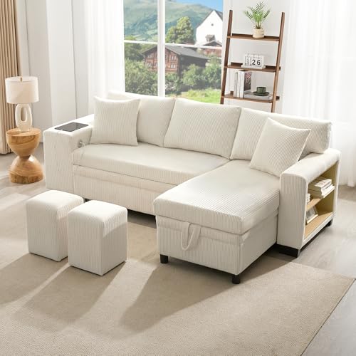 YuQozii Klappsofa mit Schlaffunktion, L-förmiges umbaubares Ecksofa mit USB-Ladeanschluss und Kissen, 3-Sitzer-Umbausofa mit Seitenablagen und Stauraum (Beige) von YuQozii
