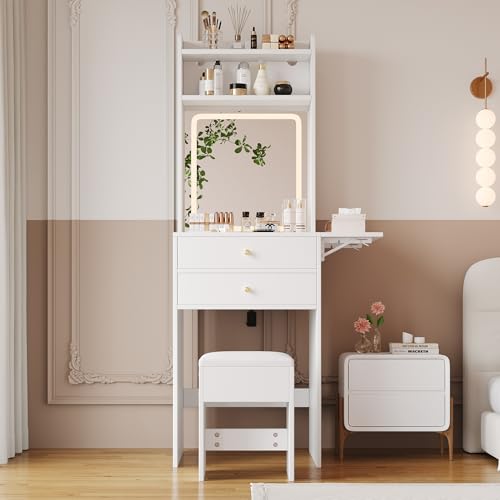 YuQozii Kleiner Schminktisch mit regulierbarer Stimmungsbeleuchtung, 1 Hocker, 2 Schubladen, 2 offene Fächer und Stauraum, 25 cm klappbare Platte, weiß, Maße :75 × 156 × 45 cm von YuQozii