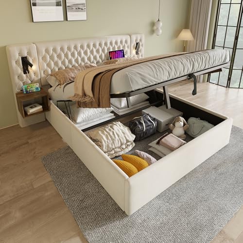 YuQozii Komplettes Schlafzimmer-Set, Polsterbett mit hydraulischem Stauraum, Doppelbett 180×200 cm, mit 2 Nachttischen, Kopfteil mit Leselicht und USB-Ladefunktion,Samt (Beige) von YuQozii