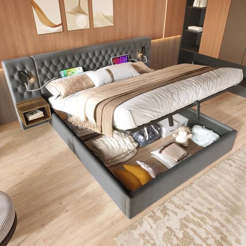 YuQozii Komplettes Schlafzimmer-Set, Polsterbett mit hydraulischem Stauraum, Doppelbett 180×200 cm, mit 2 Nachttischen, Kopfteil mit Leselicht und USB-Ladefunktion,Samt (Grau) von YuQozii
