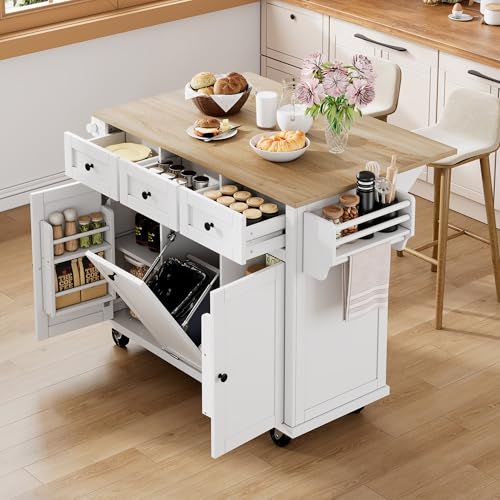 YuQozii Kücheninsel mit Rollen, Ausziehbarer Essbereich Kücheninsel mit Abfallbehälterfach und Schubladen, Ideal für Küche und Esszimmer (Weiß) von YuQozii