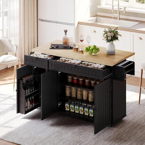 YuQozii Kücheninsel mit klappbarer Arbeitsplatte, Küchenschrank auf 6 feststellbaren Rollen, mit Ablage, Türregal, 2 großen Schubladen und Schrank,137 x 89.5 x 45 cm (Schwarz) von YuQozii