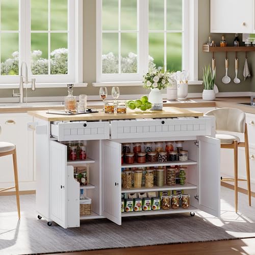 YuQozii Kücheninsel mit klappbarer Arbeitsplatte, Küchenschrank auf 6 feststellbaren Rollen, mit Ablage, Türregal, 2 großen Schubladen und Schrank,137 x 89.5 x 45 cm (Weiß) von YuQozii