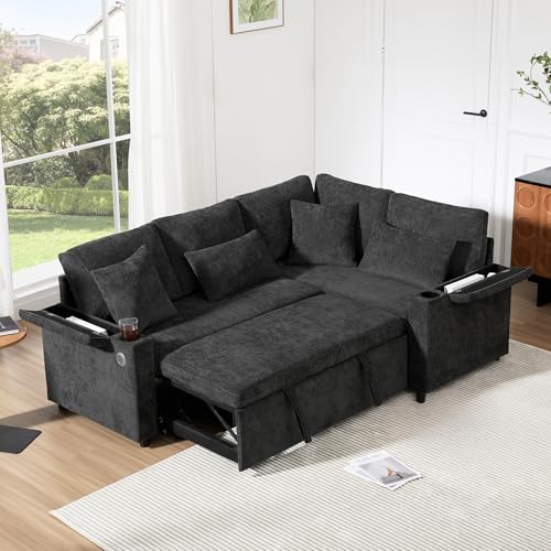 YuQozii L-förmiges, ausziehbares Ecksofa, Canapé Convertible mit Stauraum, Getränkehalter, USB-Ladeanschluss, Armlehnenablage und Zwei Kissen. Geeignet für Wohnzimmer, Gästezimmer und Wohnu (Grau) YuQozii L-förmiges, ausziehbares Ecksofa, Canapé Convertible mit Stauraum, Getränkehalter, USB-Ladeanschluss, Armlehnenablage und Zwei Kissen. Geeignet für Wohnzimmer, Gästezimmer und Wohnu (Grau) von YuQozii