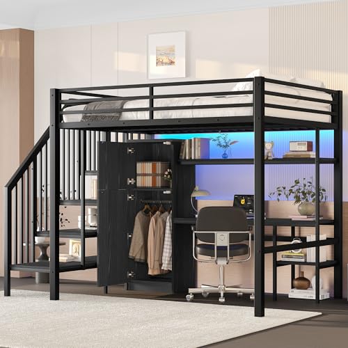YuQozii Metall-Hochbett 140x200 mit integriertem Schreibtisch | Kleiderschrank, Regal & Stauraumtreppe | Komplettausstattung | Schwarz | Platzsparendes Jugendbett von YuQozii