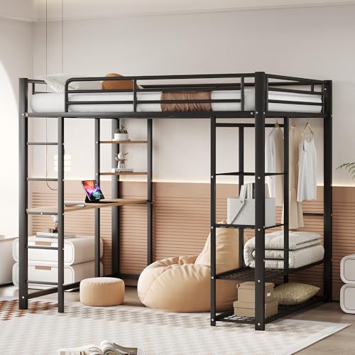 YuQozii Metall-Hochbett mit Leiter 140 * 200 cm, Juniorbett Doppelbett mit Tisch mit einfachen Kleiderbügeln mit Ablagefächern (Schwarz) von YuQozii