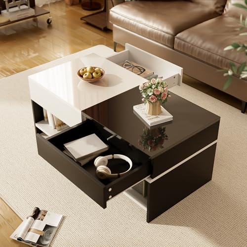 YuQozii Moderner Couchtisch mit 2 Schubladen – Schwarz-Weiß-Design, Stauraum, Hochglanz-Tischplatte, 100 cm lang von YuQozii