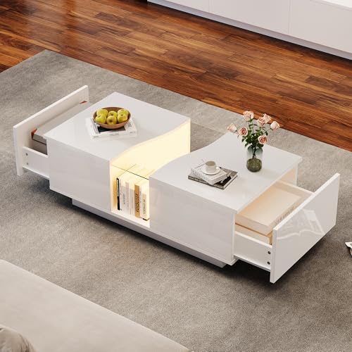 YuQozii Moderner Couchtisch mit Zwei Schubladen – 100 x 50 x 35 cm, Hochglanz-Beistelltisch mit Stimmungslicht und Acrylplatte, geeignet für Wohnzimmer und Schlafzimmer (Weiß) von YuQozii