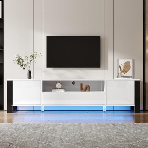 YuQozii Moderner Hochglanz-TV-Schrank in Weiß mit LED-Beleuchtung und Stauraum 178 cm, für bis zu 70-Zoll-TVs von YuQozii