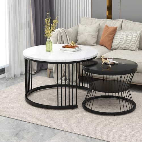 YuQozii Moderner Nesting-Couchtisch, Couchtisch-Set, Hochglanz-Tischplatte, marmoriert, Sofa-Beistelltisch, 2er-Set, schwarzer Rahmen YuQozii Moderner Nesting-Couchtisch, Couchtisch-Set, Hochglanz-Tischplatte, marmoriert, Sofa-Beistelltisch, 2er-Set, schwarzer Rahmen von YuQozii