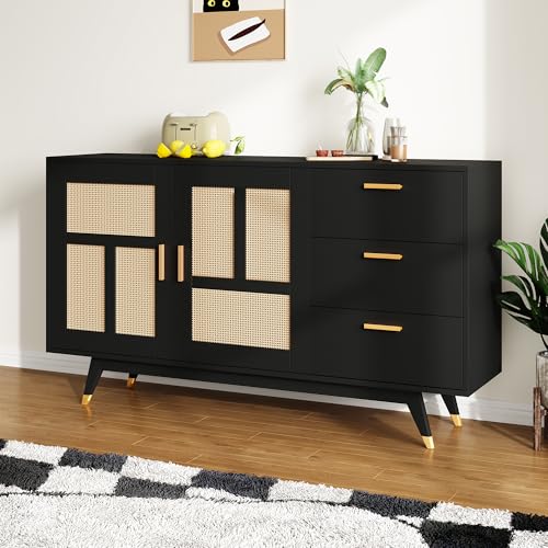 YuQozii Moderner dekorativer schwarzer Rattan Schrank Multifunktionaler Aufbewahrungsschrank 2 Rattan Türen 3 Schubladen Buffet Gold Dekoration 160 * 40 * 87cm YuQozii Moderner dekorativer schwarzer Rattan Schrank Multifunktionaler Aufbewahrungsschrank 2 Rattan Türen 3 Schubladen Buffet Gold Dekoration 160 * 40 * 87cm von YuQozii