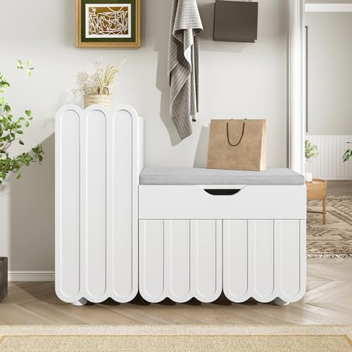 YuQozii Moderner dreitüriger Schuhschrank mit Schubladen und Sitzkissen – weiß – Schuhschränke und Schuhbänke – platzsparende Flur-Schuhschränke – perfekt für Flure und Eingangsbereiche von YuQozii