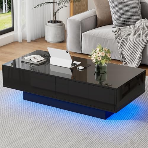 YuQozii Moderner schwarzer Hochglanz-Couchtisch, 115 x 55 x 34 cm, mit 2 Schubladen, stimmungsvoller Beleuchtung, Tragkraft 30 kg - Eleganter Wohnzimmer-Couchtisch YuQozii Moderner schwarzer Hochglanz-Couchtisch, 115 x 55 x 34 cm, mit 2 Schubladen, stimmungsvoller Beleuchtung, Tragkraft 30 kg - Eleganter Wohnzimmer-Couchtisch von YuQozii