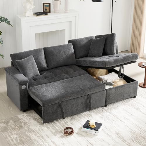 YuQozii Modernes L-Sofa mit ausziehbarem Schlafsofa mit Schlaffunktion, ausgestattet mit Stauraum, USB-Ladegerät, Armlehnen-Stauraum und 2 Kissen, geeignet für Wohnzimmer usw. (Grau) von YuQozii