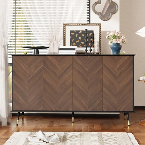 YuQozii Modernes Sideboard mit Fischgrätmuster – Buffet Schrank mit 4 Türen & höhenverstellbaren Regalen – MDF Holz & Metallfüße – Stauraum für Wohnzimmer, Flur & Esszimmer von YuQozii