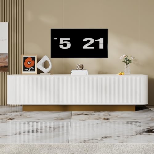 YuQozii Modernes TV-Lowboard mit Stauraum – Abgerundetes Design, Kabelmanagement, Texturfront, Weiß – MDF Medienkonsole Wohnzimmer von YuQozii