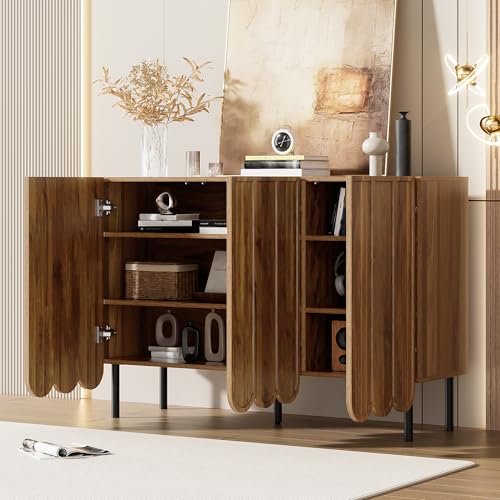 YuQozii Modernes holzfarbenes Sideboard mit Wellentüren – 120x35x80 cm – grifflos, verstellbare Regale – Stauraum für Wohnzimmer, Flur & Esszimmer von YuQozii