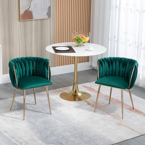 YuQozii Modernes luxuriöses Samt-Esszimmerstuhl-Set mit goldenen Metallbeinen, elegantem handgewebtem Design und weichen Kissen für Esszimmer, Wohnzimmer und Schlafzimmer (2er-Set) (Smaragdgrün) von YuQozii